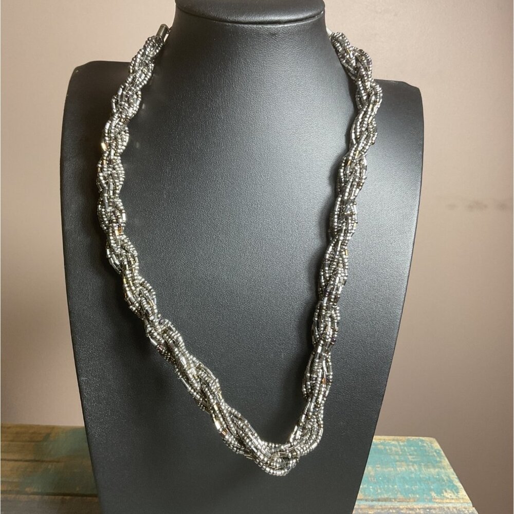 Braided Silver-Tone Gray Beaded Necklace With Adjustable Clasp